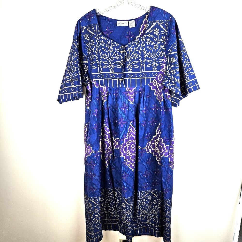 Sante Classics House Dress Women L Blue Purple MuuMuu Kaftan Pockets Cotton